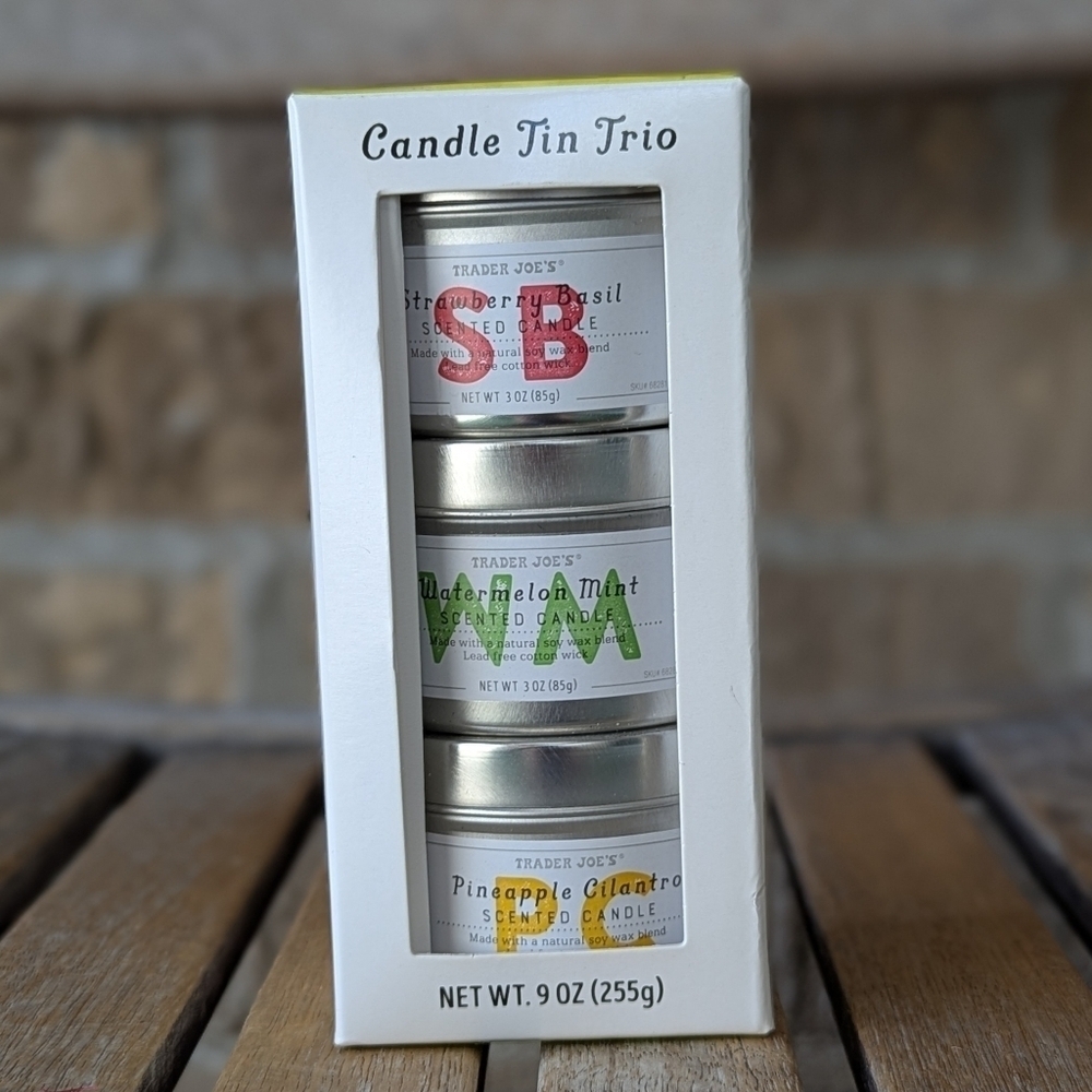 NEW- Trader Joe’s Candle Tin Trio Strawberry Basil Watermelon Mint Pineapple